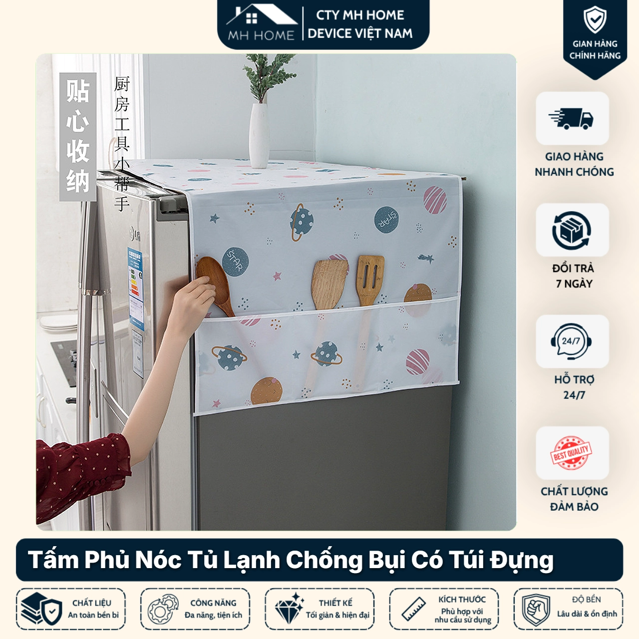 Combo 2 Tấm Phủ Nóc Tủ Lạnh Chống Bụi Có Túi Đựng Đồ Đa Năng Trang Trí Nhà Bếp Tiện Lợi